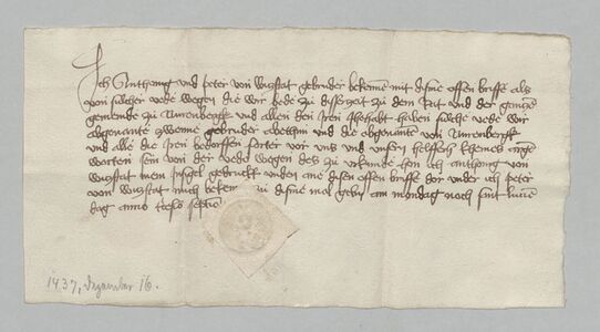 Anthonius und Peter von Wikstat schwören die Fehde gegen die Stadt Nürnberg ab, 16. Dezember 1437. (Staatsarchiv Nürnberg, Reichsstadt Nürnberg, Losungsamt, 35 neue Laden, Urkunden 2178)