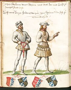 Herzog Stephan III. von Bayern-Ingolstadt und sein Bruder Friedrich von Bayern-Landshut, in: Abbildungen bayrischer Regenten von Bavarus bis Sigmund. Desgleichen welfischer Fürsten, 16. Jahrhundert. (Bayerische Staatsbibliothek, Cgm 2822, fol. 38)