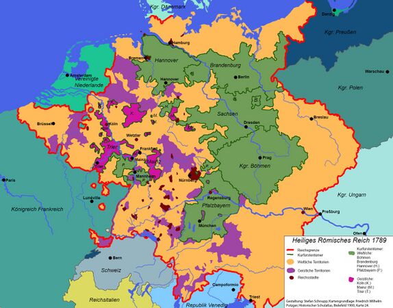 Karte des Heiligen Römischen Reiches 1789. (Gestaltung: Stefan Schnupp; Kartengrundlage: Friedrich Wilhelm Putzger, Historischer Schulatlas, Bielefeld 1900, Karte 24)