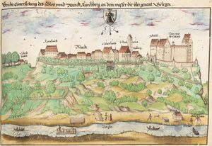 Schloss Kirchberg, 1559. Abb. aus: Ehrenspiegel des Hauses Österreich (Buch VII), Augsburg 1559. (Bayerische Staatsbibliothek, Cgm 896)