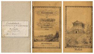 Umschlag der Denkschrift "Ratisbona und Walhalla" von Franz Xaver Weilmayr, die 1830 anlässlich die Feierlichkeiten zur Grundsteinlegung der Walhalla am 18. Oktober 1830 erschien. Sie zeigt auf dem Titelblatt eine Stadtansicht von Regensburg und auf der Rückseite eine Ansicht der zukünftigen Walhalla bei Donaustauf. Eingeklebt in den Buchband findet sich eine Eintrittskarte zur Feier.(Gemeinfrei, Staatsbibliothek Bamberg, Top.o.216)