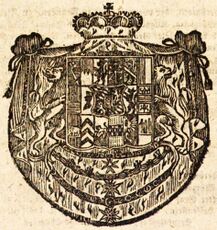 Großes Kurbayerisches Wappen von 1804. In der dazugehörigen Verlautbarung vom 7. November 1804 heißt es u. a.: "Wegen dem Herzogthum Franken: Rechts ober dem rechten Quartier des Mittelschilds sind drey silberne Spitzen im rothen Felde […]. Wegen dem Fürstenthum Würzburg: Am Ecke rechts sieht man ein schrägrechts gelegtes von Roth und Silber geviertheiltes und zweymal gekerbtes Fähnlein an einer goldenen Lanze." Abb. aus: Regierungsblatt für die Churpfalzbaierischen Fürstenthümer in Franken aus dem Jahre 1804, 232. (Bayerische Staatsbibliothek, 4 Bavar. 3059 d-2)