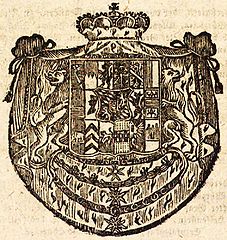 Großes Kurbayerisches Wappen von 1804. In der dazugehörigen Verlautbarung vom 7. November 1804 heißt es u. a.: "Wegen dem Herzogthum Franken: Rechts ober dem rechten Quartier des Mittelschilds sind drey silberne Spitzen im rothen Felde […]. Wegen dem Fürstenthum Würzburg: Am Ecke rechts sieht man ein schrägrechts gelegtes von Roth und Silber geviertheiltes und zweymal gekerbtes Fähnlein an einer goldenen Lanze." Abb. aus: Regierungsblatt für die Churpfalzbaierischen Fürstenthümer in Franken aus dem Jahre 1804, 232. (Bayerische Staatsbibliothek, 4 Bavar. 3059 d-2)