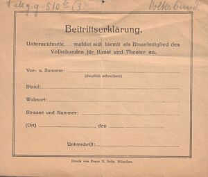 Beitrittserklärung für den Volksbund für Kunst und Theater München von 1920. (Bayerische Staatsbibliothek, L.eleg.g. 510 b-1/3)