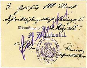 Gutschein über 100 Mark, ausgestellt vom Bezirksamt Neunburg vorm Wald im Jahr 1915. (bavarikon) (HVB Stiftung Geldscheinsammlung - Inventarnummer: DE-BY-92431-V1007a)