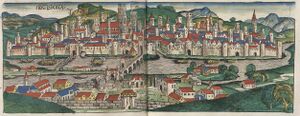 Ansicht von Regensburg aus der Schedelschen Weltchronik von 1493. (Bayerische Staatsbibliothek, Rar. 287)