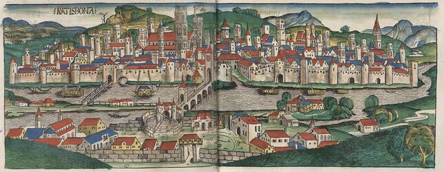 Ansicht von Regensburg aus der Schedelschen Weltchronik von 1493. (Bayerische Staatsbibliothek, Rar. 287)
