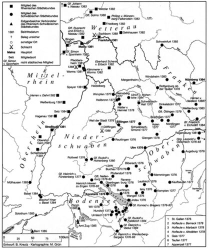 Der Rheinisch-Schwäbische Städtebund 1381-1389. (aus: Bernhard Kreutz, Städtebünde und Städtenetz, Karte 4).