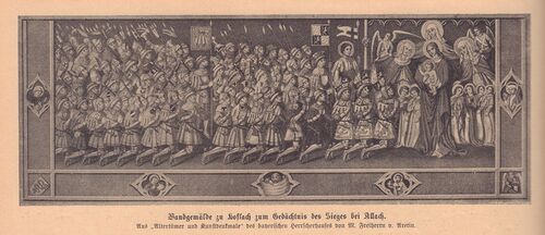 Gesamtansicht des kurze Zeit nach der Schlacht geschaffenen Wandfreskos in der Kapelle von Hoflach. Von rechts nach links: die heilige Sippe, die Herzöge von Bayern-München unter dem Geleit des hl. Georg, das ritterliche Gefolge (kniend) und das bürgerliche Aufgebot. Abb. aus: Das Bayerland, Nr. 40, 11. Jahrgang 1900, 472. (Bayerische Staatsbibliothek, 4 Z 40.173-11)