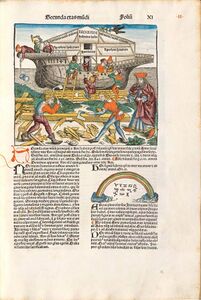Schedelsche Weltchronik: Holzschnitt mit der Darstellung des Baus der Arche Noah als Beginn des 2. Weltalters. (Bayerische Staatsbibliothek Rar 287, fol. 11)