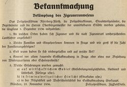 Bekanntmachung zur "Bekämpfung des Zigeunerunwesens". Aus: Bayerisches Polizeiblatt Nr. 174, 20. November 1936. (Bayerische Staatsbibliothek, 4 Bavar. 408-1936)