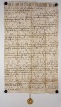 "Güldene Freiheit", Urkunde Friedrichs I. von 1168 mit der Übertragung der Herzogswürde an Bischof Herold von Würzburg. (Staatsarchiv Würzburg, Würzburg Domkapitel Urkunden 1168 Juli 10/II, Zweitausfertigung mit Goldbulle)