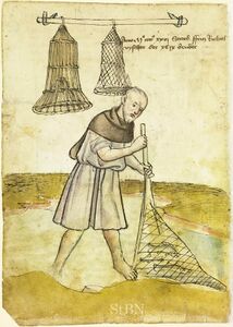 Das Bild des Fischers Fritz Richtel von 1426 ist auch die älteste Darstellung einer Netzreuse (rechte Reuse). (Stadtbibliothek Nürnberg, Amb. 317.2°, f. 47v)