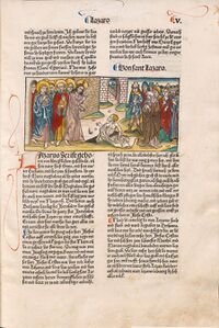 Erweckung des Lazarus in der deutschen Ausgabe der Legenda Aurea ("Der Heiligen Leben") von Koberger in Nürnberg 1488. (Bayerische Staatsbibliothek, 2 Inc.c.a. 2069 o, fol. 55)