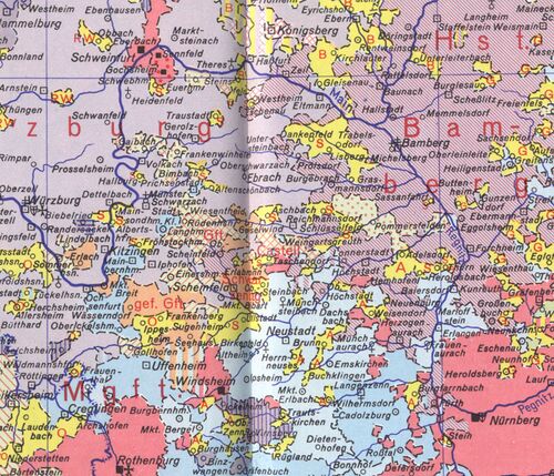 Gebiet des Ritterkantons Steigerwald zwischen Main, Regnitz, dem Tal der Aisch sowie Bad Windsheim und Marktbreit (beide Lkr. Bad Windsheim-Neustadt a.d. Aisch). Ausschnitt aus: Max Spindler/Gertrud Diepolder, Bayerischer Geschichtsatlas, München 1969, 30/31. (© Bayerischer Schulbuchverlag)