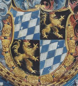 Wappen mit Vierung, seit den 1340er Jahren auf Siegeln der Pfalzgrafen bei Rhein und seit Ende des 14. Jahrhunderts bei den Herzögen von Bayern nachgewiesen. (Bayerische Staatsbibliothek, Mus.ms. A II(1)