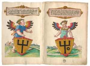 Als Handelszeichen verwendeten die Fugger einen Dreizack, der später noch um einen Ring ergänzt wurde. Abb. aus: Das Ehrenbuch der Fugger, Handschrift 1545-1547, S. 4-5. (Bayerische Staatsbibliothek, Cgm 9460)