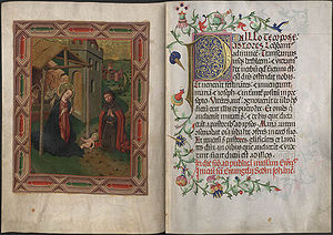 Lektionar mit Weihnachtsdarstellung, Weihenstephan 1462. (Bayerische Staatsbibliothek, Clm 21597, f. 2v-3r)