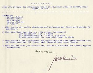 Protokoll der Sitzung des Börsenvorstandes am 14.1.1924 mit Beschluss über die nach der Währungsumstellung gültigen Mitgliedsbeiträge sowie die Börsenzulassung der Städtischen Sparkasse Augsburg. (Bayerisches Wirtschaftsarchiv, V16, 4)