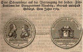 Zeichnung der Medaille zum Gedenken an die Vereinigung der beiden Markgraftümer unter Markgraf Karl Alexander 1769. Abb aus: Johann Jakob Spieß, Der brandenburgischen historischen Münzbelustigungen […]. 3. Band, Ansbach 1770, 105. (Bayerische Staatsbibliothek, 4 Num.rec. 124 h-3)