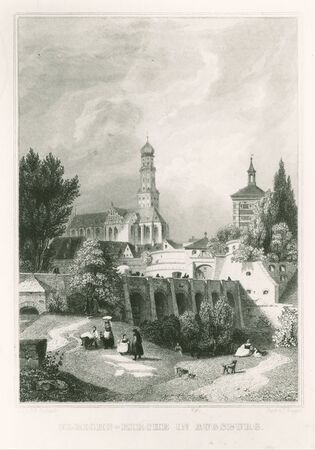 Aquädukt über dem Stadtgraben vor dem Roten Tor, im Hintergrund St. Ulrich und Afra. Stahlstich von Johann Gabriel Friedrich Poppel (1807-1882) nach Eduard Gerhardt (1812-1888), 1846. (Bayerische Staatsbibliothek, Bildarchiv port-037576)