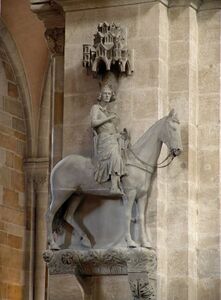 Der "Bamberger Reiter" auf einer Konsole am Nordpfeiler des Georgenchors im Bamberger Dom. (Foto von Tilman2007, lizenziert durch CC BY-SA 3.0 via Wikimedia Commons)