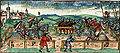 Darstellung eines 938 angeblich in Magdeburg ausgetragenen Turniers, an dem auch der mit dem Rechen versehene salische Herzog Konrad der Rote (gest. 955) teilgenommen haben soll. (Universitätsbibliothek Würzburg, M.ch.f.760, fol. 56r)