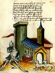 Gänse und Hunde als Wächter einer Burg. (BSB Clm 30150, fol. 28)