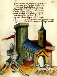 Gänse und Hunde als Wächter einer Burg. (BSB Clm 30150, fol. 28)