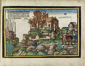 Zerstörung der Burg Altguttenberg durch Truppen des Schwäbischen Bundes. Holzschnitt von Hans Wandereisen, 1523. (Staatsbibliothek Bamberg, RB.H.bell.f.1, Seite 20 /Foto: Gerald Raab)