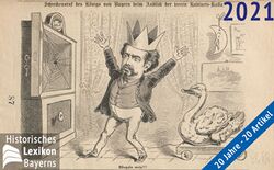 Karikatur über die Finanzlage Ludwigs II. (1845-1886, König 1864-1886) in der österreichischen Satirezeitschrift Kikeriki 1886. (bavarikon) (Bayerisches Hauptstaatsarchiv, MA 99838)