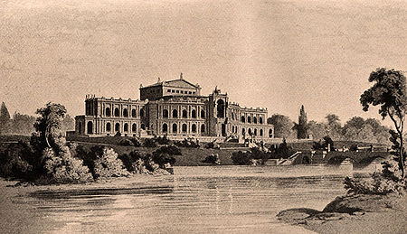 Entwurf für ein Münchner Festspielhaus von Gottfried Semper (1803-1879). Abb. aus: Wolfgang Golther, Bayreuth, Berlin/Leipzig 1904, nach S. 32. (Bayerische Staatsbibliothek, L. eleg. G. 397 lt-2)