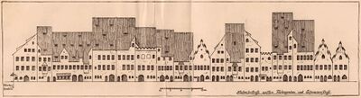 Die Häuser an der Neuhauserstraße zwischen Färbergraben und Eisenmannstraße (aus: Steinlein, Gustav: Die Baukunst Alt-Münchens, München ca. 1917, Tafel III)
