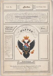 Wappen Herzog Maximilians von Leuchtenberg, das ihm nach seiner Hochzeit 1839 mit Großfürstin Maria Nikolajewna durch Zar Nikolaus I. verliehen wurden. (Bayerisches Hauptstaatsarchiv, Adelsmatrikel L2)