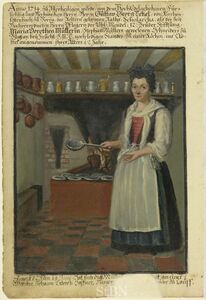 Darstellung einer Köchin mit Küche im zweiten Hausbuch der Mendelschen Zwöflbrüderstiftung. (Stadtbibliothek Nürnberg, Amb. 317b.2°, f. 223v)