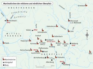 Geografische Verbreitung von Kirchen mit Martinspatrozinium in der mittleren Oberpfalz und den angrenzenden Räumen. (Karte von Peter Palm (Berlin) nach Vorlage Mathias Hensch)