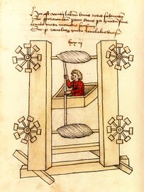 Windradbetriebener Aufzug. (BSB Clm 30150, fol. 38')