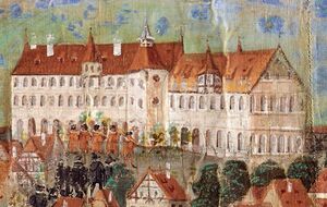 Das Kollegiengebäude um 1575 (Bildausschnitt). (Staatsarchiv Nürnberg, Reichsstadt Nürnberg, Karten und Pläne 386)