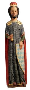 Herzog Ludwig der Kehlheimer (1173-1231), den weiß-blau gerauteten Wappenschild haltend. Holzskulptur aus der Afrakapelle der Abtei Seligenthal, Landshut. Um 1325. (Haus der Bayerischen Geschichte, pk laz-014)