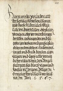 1567 wurde die Herrschaft Hohenschwangau an das Herzogtum Bayern verkauft. Es wurde eine Akte über die Grenzen und die Rechtsverhältnisse innerhalb der Herrschaft angelegt, deren erste Seite hier abgebildet ist. (Bayerisches Hauptstaatsarchiv, Kurbayern Geheimes Landesarchiv 1077 fol. 261r.)