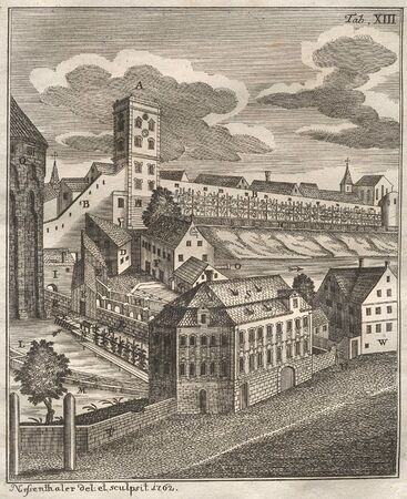 Unteres Brunnwerk am Mauerberg, Kupferstich von Johann David Nessenthaler (1717-1766), 1766. Abb. aus: Caspar Walter, Anweisung vor einen jederweiligen Brunnen-Ballier oder Obmann in dem untern Wasser-Thurn auf dem Maurberg … , Augsburg 1766. (CC BY-NC-SA 4.0. via Staats- und Stadtbibliothek Augsburg, 4 Aug 1616#2)