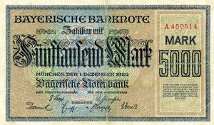 Banknote der Bayerischen Notenbank über 5000 Mark, 1922. (Bayerisches Wirtschaftsarchiv, F118, 1195)