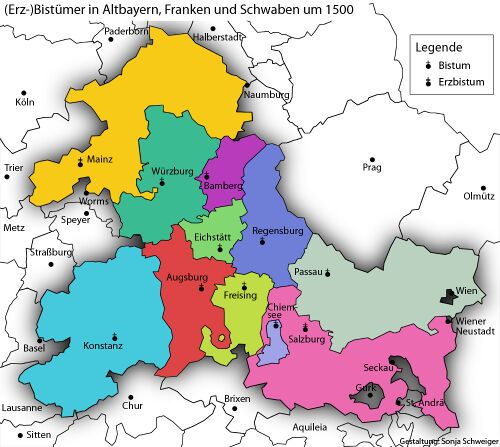 (Erz-)Bistümer in Altbayern, Franken und Schwaben um 1500. (Gestaltung: Sonja Schweiger)