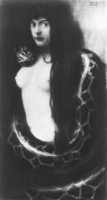 Gemäldereproduktion von Franz Stuck, "Die Sünde". Pigmentdruck, Verlags-Nr. 7727. (Privatbesitz)