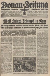 Ausgabe der Donau-Zeitung vom 4. Mai 1938 mit Berichten über den Besuch Adolf Hitlers in Italien.