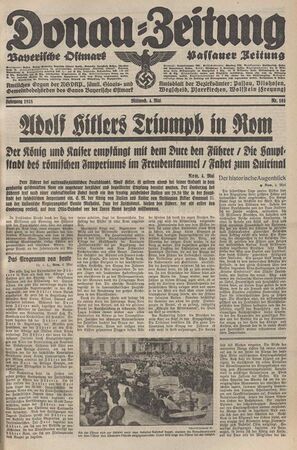 Ausgabe der Donau-Zeitung vom 4. Mai 1938 mit Berichten über den Besuch Adolf Hitlers in Italien.