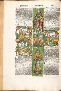 Textseite mit kleinteiliger Bilddarstellung. Abgebildet ist der Beginn des Stammbaums Christi im Abschnitt über das Erste Weltalter. Abgebildet sind Adam sowie seine Söhne Kain, Abel und Set, der die Linie fortführt. (Bayerische Staatsbibliothek Rar 287, fol. 9v)