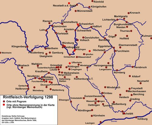 Karte der Rintfleisch-Verfolgung 1298 (Gestaltung: Stefan Schnupp; Angaben nach: Salfeld, Das Martyrologium des Nürnberger Memorbuches, Berlin 1898, 231-236 u. 270f.)