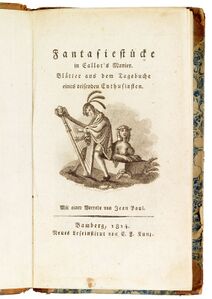 Titelblatt von E.T.A. Hoffmanns Fantasiestücke in Callot's Manier. Blätter aus dem Tagebuche eines reisenden Enthusiasten, 1814. Titel-Vignette, Original: Bleistiftzeichnung von E.T.A. Hoffmann, Reproduktion: Kupferstich von Carl Frosch (1771-1827). (Staatsbibliothek Bamberg, L.g.o.1135(1), Digitalisat von: Staatsbibliothek Bamberg, RB.L.g.o.35(1).