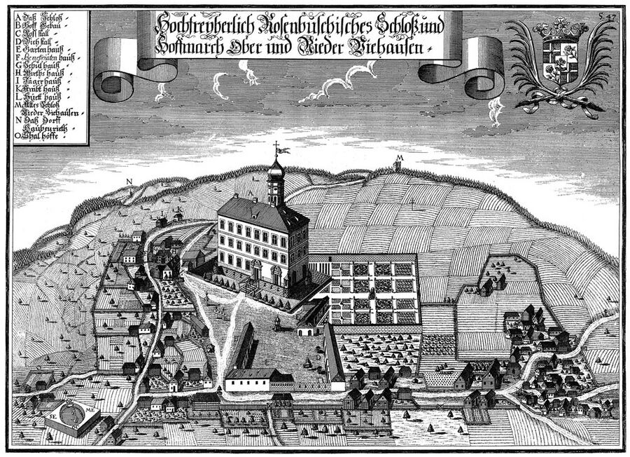Schloss Oberviehhausen, Kupferstich von Michael Wening (1645-1718), um 1720. (bavarikon) (Bayerische Vermessungsverwaltung, lizenziert durch CC BY-ND 4.0)